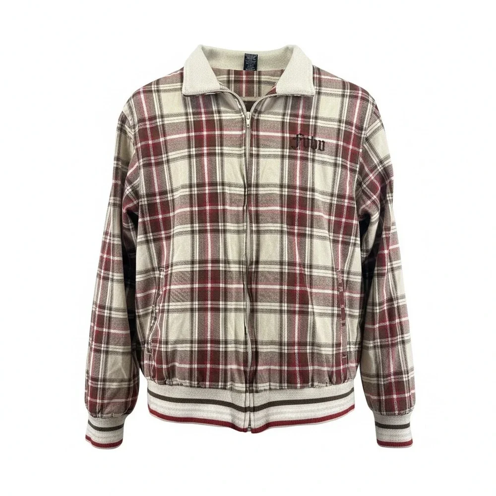 Vtg FUBU The Collection Plaid Bomber Jacket‎ Size M Tan Red Harrington 90s Y2K